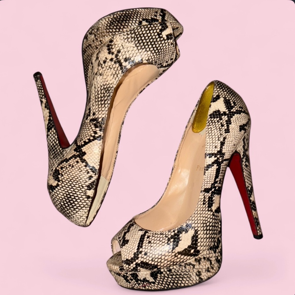 Christian Louboutin Snake-Print Peep-Toe Platform Pump with Red Sole